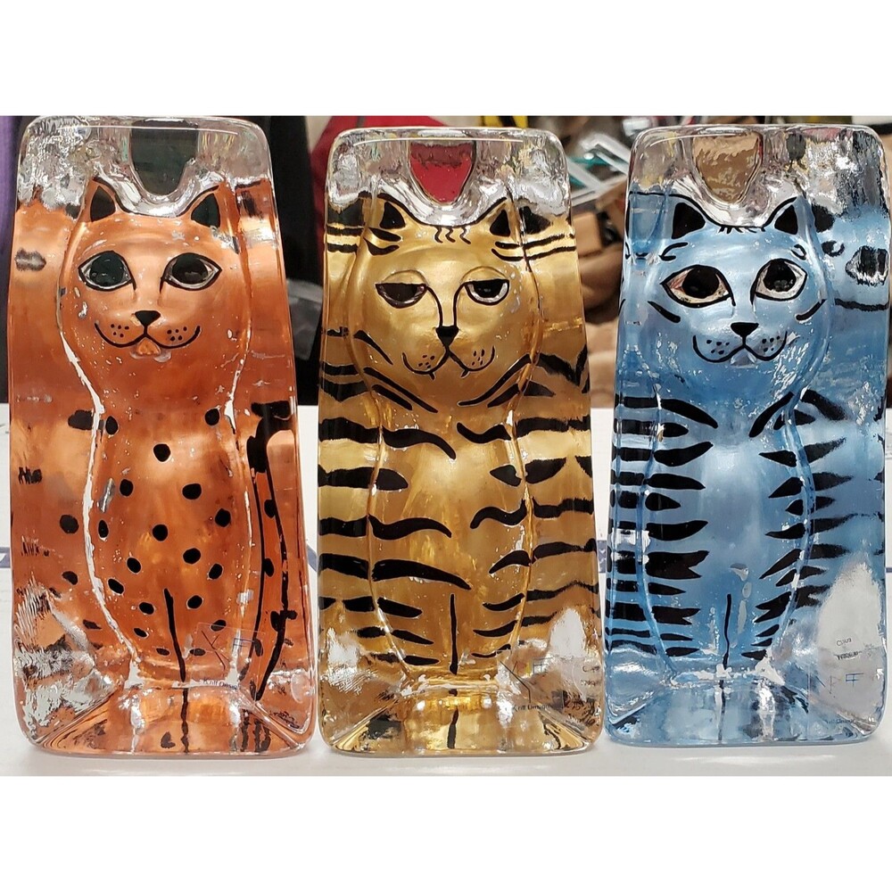THREE Glass Cat Paperweight Towers Handpainted Kriff Designs Heavy 8" Unique Set